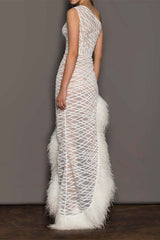 Aiertu  -  Sexy Prom Irregular Mesh Feather Hemline Sloping Shoulder Evening Dresses Aiertu