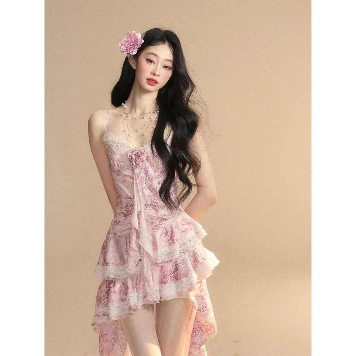 Aiertu  -   French Style Floral Printed Strap Camisole Dress for Women Summer Waist Slimming Chic Spicy Girl Ruffle Irregular Short Dress Aiertu