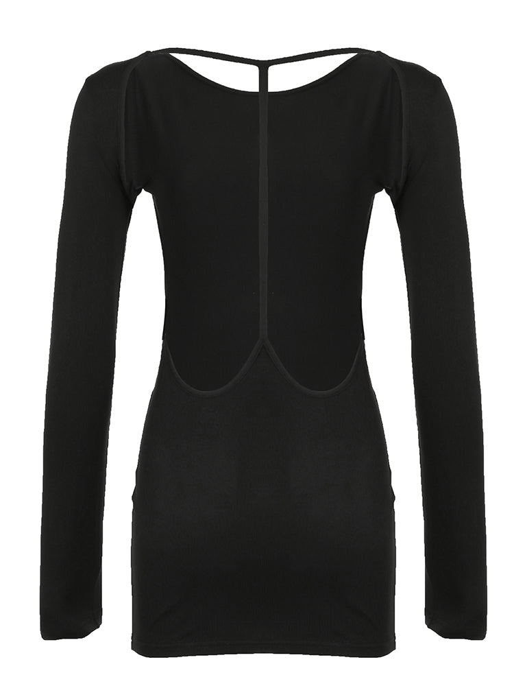 Aiertu - summer inspo Backless Chic Fashion Skinny Sexy Long Sleeve Short Dress Women Rave Baddie Clubwear Black Solid Party Dresses Aiertu