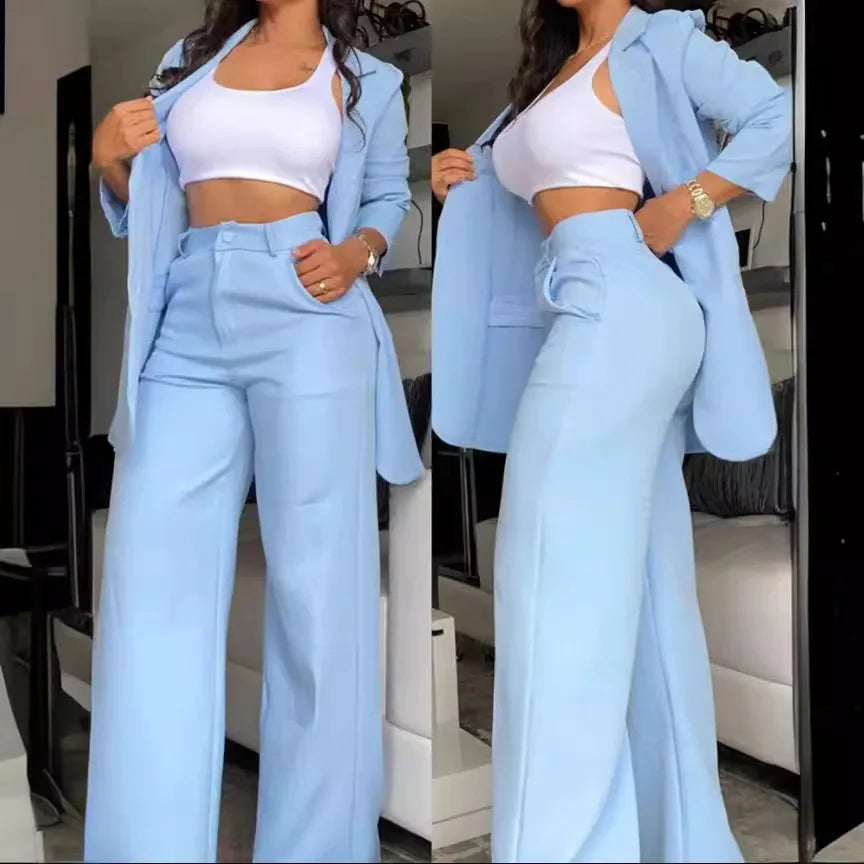 Aiertu 2025 Woman Elegant Sets Autumn Fashion Women's Notched Collar Coat & Pocket Design Pants Set Work Commuting Two Piece Suit Aiertu