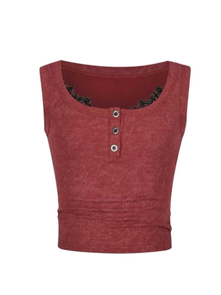 Aiertu  -  Sweet Y2k Aesthetic Lace Patchwork Top Vest Summer Harajuku Single Breasted Fairy Grunge Camisoles 2025 Crop Tanks Women Trendy Aiertu