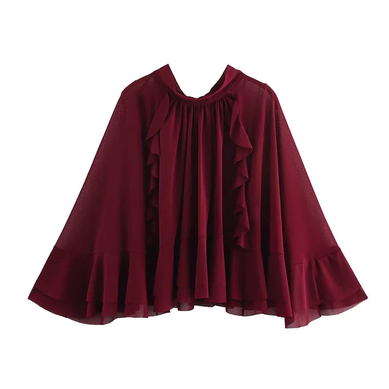 Aiertu  -  Layered Bow Cloak Women Shirt Top Pleated Round Neck Female Cape Jacket Coat Ribbon French Perspective Loose Casual Blouse New Aiertu