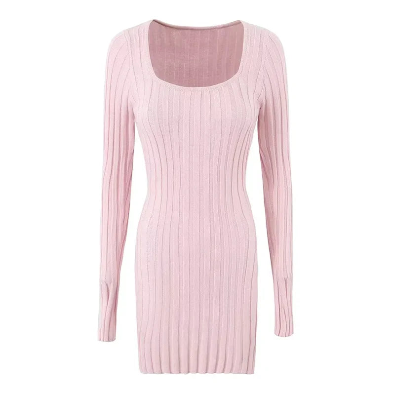 Aiertu  -  Knitted Square Collar Women Dresses Long Sleeve Hip Package Lady Dress 2026 Fashion Elegant Sexy High Waist Slim Lady Mini Robe Aiertu