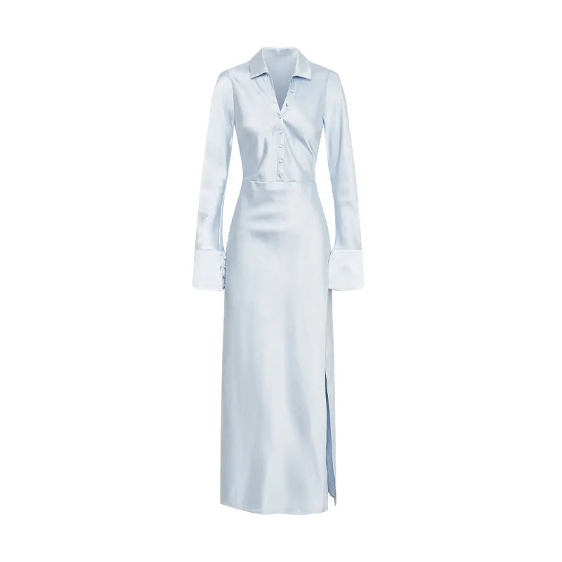 Aiertu  -  Vintage Solid Silk Shirt Long Dresses Women Elegant Loose Lapel Single Breasted High Waist Slit Dress Lady Chic Party Streetwear Aiertu