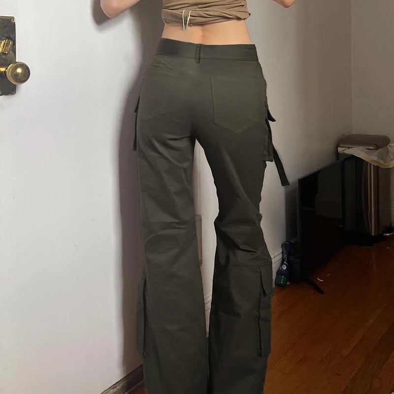 Aiertu  -   Grunge Style Women Y2K Jeans Low Rise Pocket with Buckle Cargo Pants Vintage Stylish Denim Trouser Fashion Streetwear Aiertu