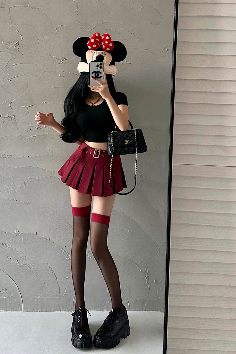 Aiertu Solid Color Pleated A-Line Low Waist Mini Skirt Aiertu