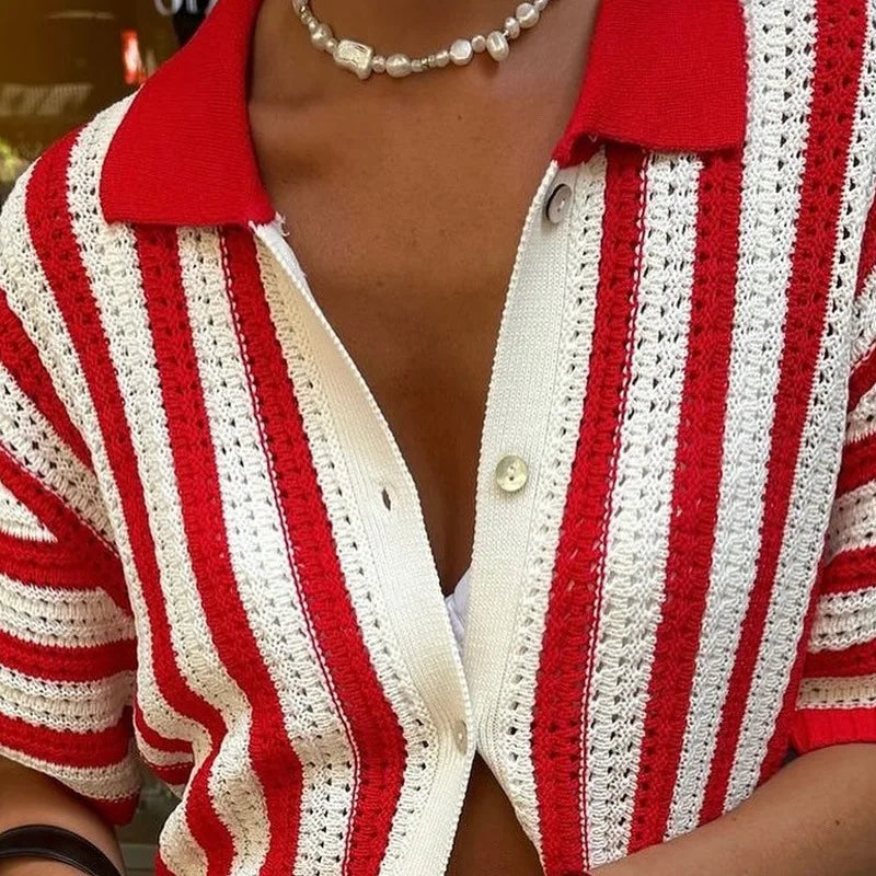 Aiertu  -  Red Striped Crochet Blouse Women Summer New Single Breasted Lapel Collar Hollow Out Blouses Streetwear Casual Short Sleeve Shirt Aiertu