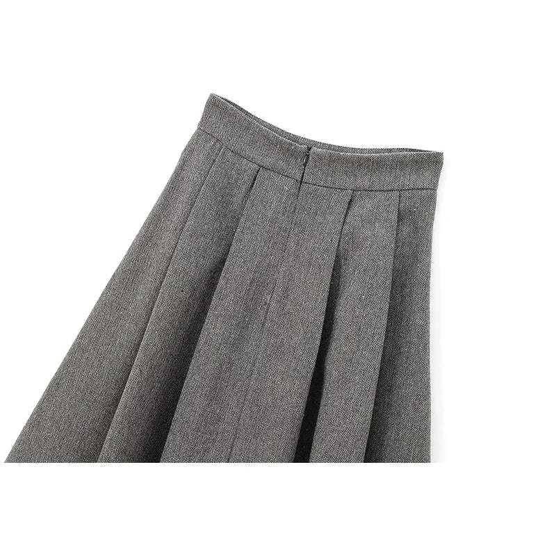 Aiertu  -  Office Lady Elegant Midi Skirt For Women Mid Waist Box Pleat A-line Autumn Winter Skirts Gray faldas mujer Aiertu
