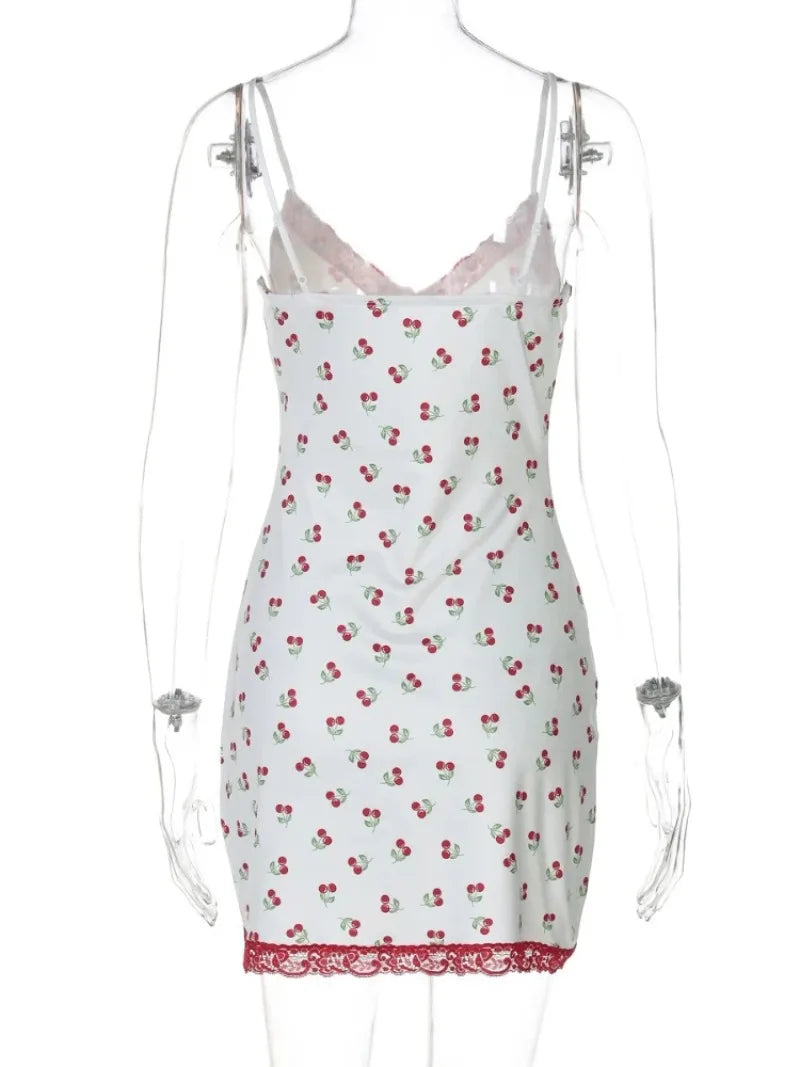 Aiertu  -  Y2K Cherry Printed Lace Patchwork Short Dresses for Women Casual Sexy V-neck Sleeveless Backless Slim Beach Vacation Dress White Aiertu
