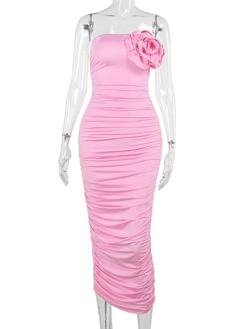 Aiertu  -  Elegant Womens Flower Flower Decoration Pink Dress 2026 Sexy Strapless High Waist Tunics Shirring Slit Mid-calf Evening Dresses Aiertu
