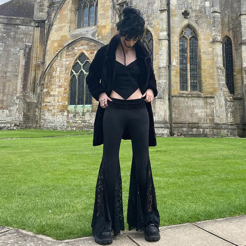 Aiertu  -  Women's 2025 Autumn Spring Fashion Streetwear Lady Casual Patchwork Lace Flare Pants Sexy Slim Mid-Waisted Wide Leg Pants Aiertu