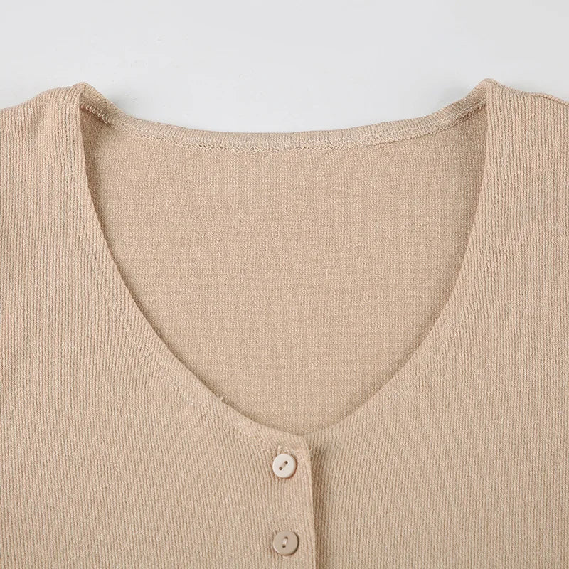 Aiertu  -  2025 Summer New Knitted Mini Dress Female Elegant V Neck Buttons Short Sleeve Dress High Elasticity Casual Women's Dress Aiertu