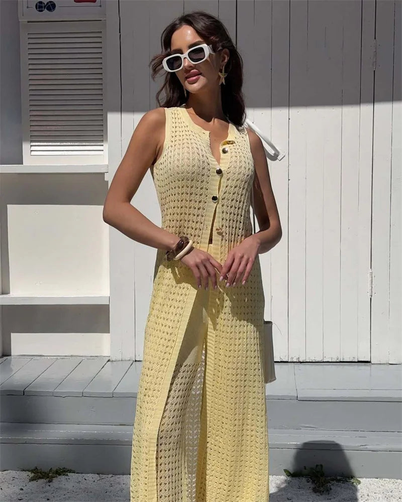 Aiertu  -  Knit Vest Cardigan Beach Dress Long Pants 2 Pieces Sets For Women Hollow Out Sexy See Through Cardigan Long Pants Sets Aiertu