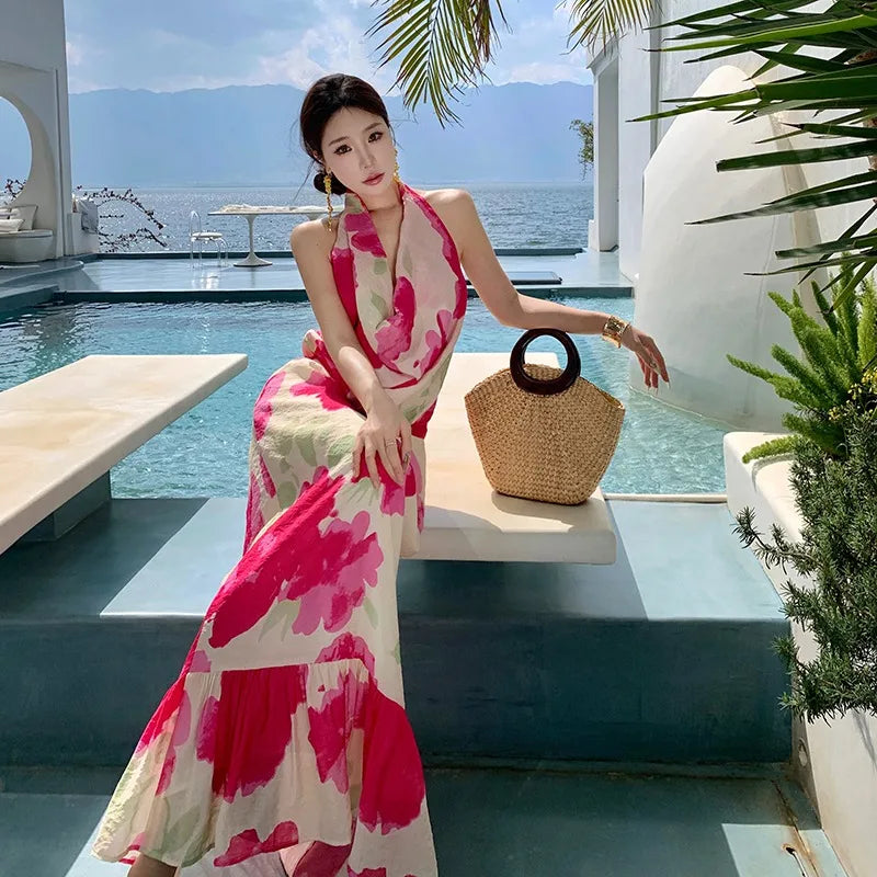 Aiertu  -  Rose Red Halter Neck Backless Long Dress for Women's Summer Seaside Vacation Style Colorful Printed A-line Dress Female Clothes Aiertu