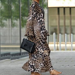 Aiertu  -  Elegant V-neck Leopard Print Loose Party Dress Women Casual Lantern Long Sleeve Long Dress 2026 Fashion Pleated Bohemian Dresses Aiertu