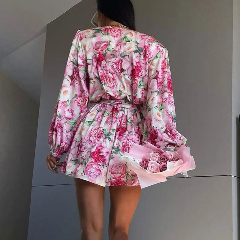 Aiertu  -  Spring Fashion Flower Print Short Jumpsuit Women Elegant V Neck Lace-up Romper Playsuits Autumn Long Sleeve Office Lady Overalls Aiertu