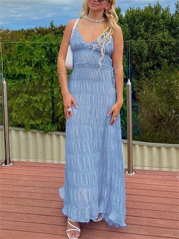 Aiertu  -  Ladies Elegant Halter Dresses V-Neck Sleeveless High Waist Patchwork Spaghetti Backless Party Dress Women 2025 Long Dress Aiertu