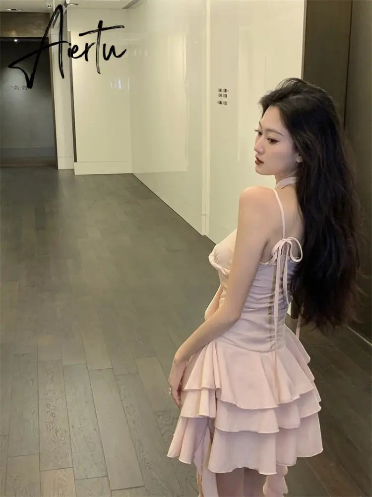 Fairy Dress Straps Dress Women Summer French Irregular Lace Ruffle Slim Halterneck Beach Dress Sexy Beachwear Ruched Slip Dress Femme Robe Aiertu