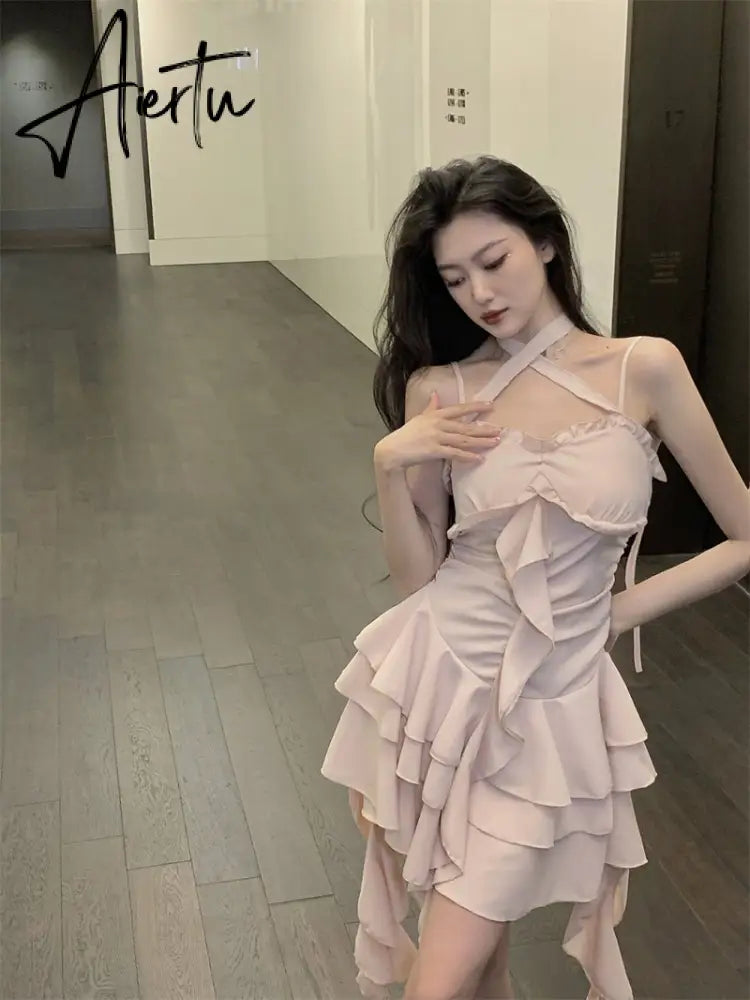 Fairy Dress Straps Dress Women Summer French Irregular Lace Ruffle Slim Halterneck Beach Dress Sexy Beachwear Ruched Slip Dress Femme Robe Aiertu