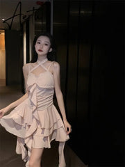 Fairy Dress Straps Dress Women Summer French Irregular Lace Ruffle Slim Halterneck Beach Dress Sexy Beachwear Ruched Slip Dress Femme Robe Aiertu