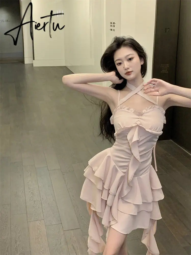 Fairy Dress Straps Dress Women Summer French Irregular Lace Ruffle Slim Halterneck Beach Dress Sexy Beachwear Ruched Slip Dress Femme Robe Aiertu
