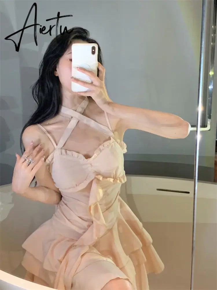 Fairy Dress Straps Dress Women Summer French Irregular Lace Ruffle Slim Halterneck Beach Dress Sexy Beachwear Ruched Slip Dress Femme Robe Aiertu