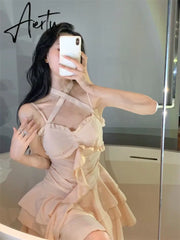Fairy Dress Straps Dress Women Summer French Irregular Lace Ruffle Slim Halterneck Beach Dress Sexy Beachwear Ruched Slip Dress Femme Robe Aiertu
