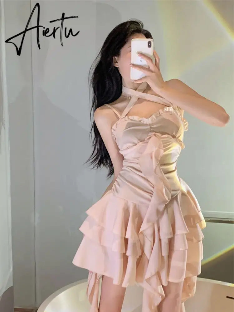 Fairy Dress Straps Dress Women Summer French Irregular Lace Ruffle Slim Halterneck Beach Dress Sexy Beachwear Ruched Slip Dress Femme Robe Aiertu
