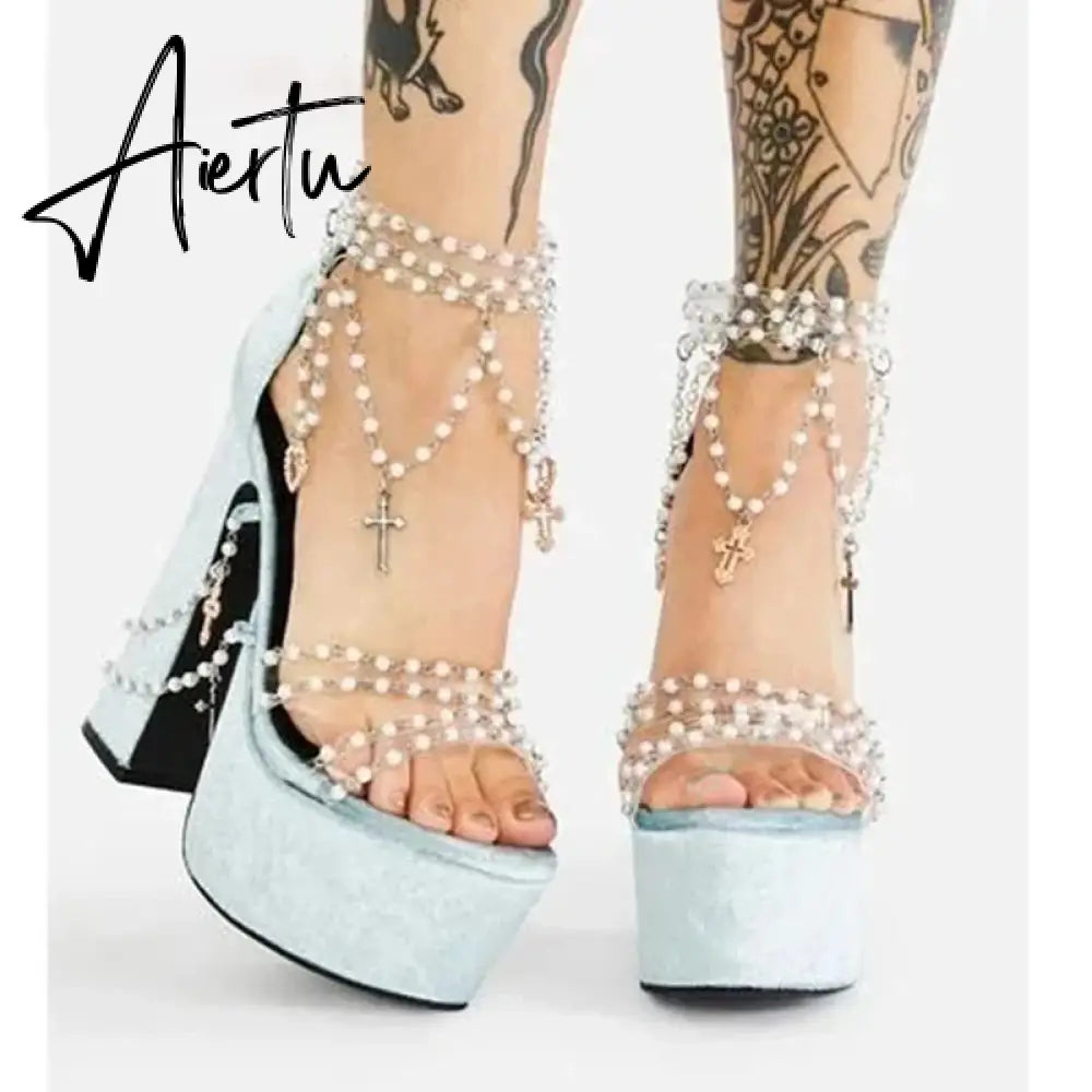 Fairy Girl's Pearl Beaded Platform Chunky Sandals Beading Necklace Chains Velvet High Heels Crystal Tassel One Line Lolita Shoes Aiertu