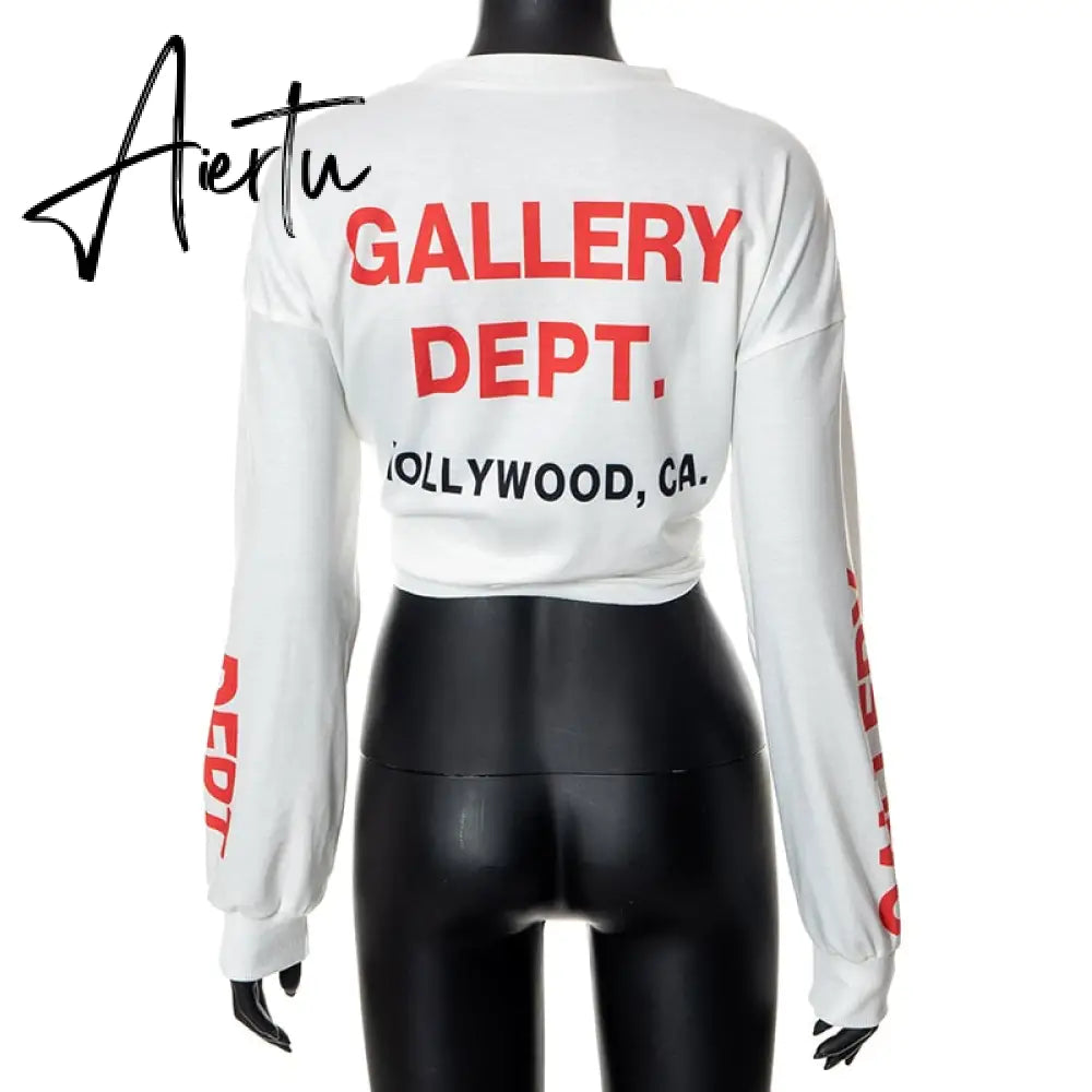 Fall Winter Fashion Streetwear Biker Y2K Grunge Clothes O Neck Long Sleeve Letter Print Oversized Crop Top Tshirt Aiertu