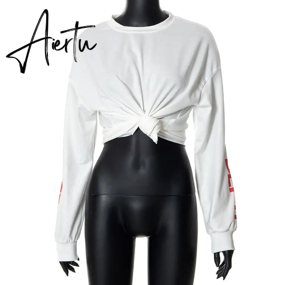 Fall Winter Fashion Streetwear Biker Y2K Grunge Clothes O Neck Long Sleeve Letter Print Oversized Crop Top Tshirt Aiertu