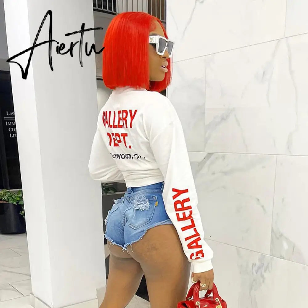 Fall Winter Fashion Streetwear Biker Y2K Grunge Clothes O Neck Long Sleeve Letter Print Oversized Crop Top Tshirt Aiertu