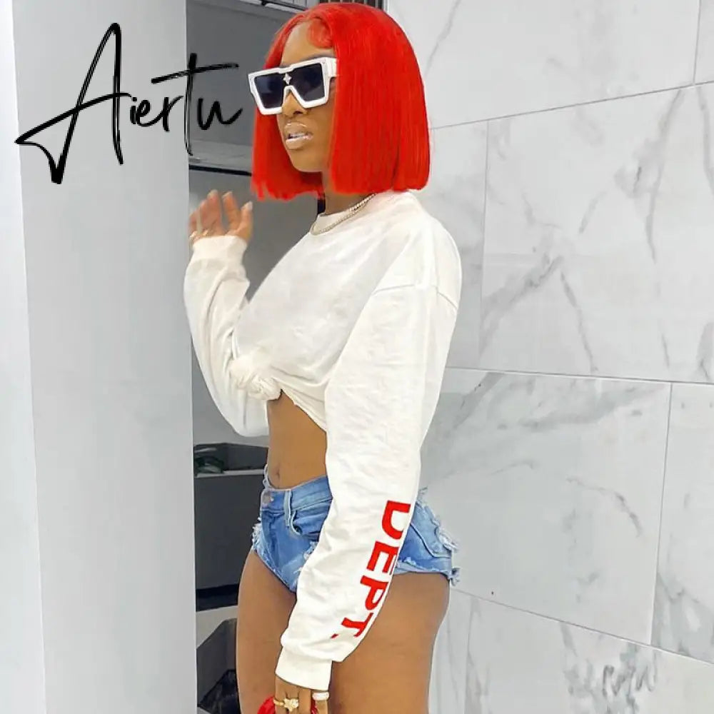 Fall Winter Fashion Streetwear Biker Y2K Grunge Clothes O Neck Long Sleeve Letter Print Oversized Crop Top Tshirt Aiertu