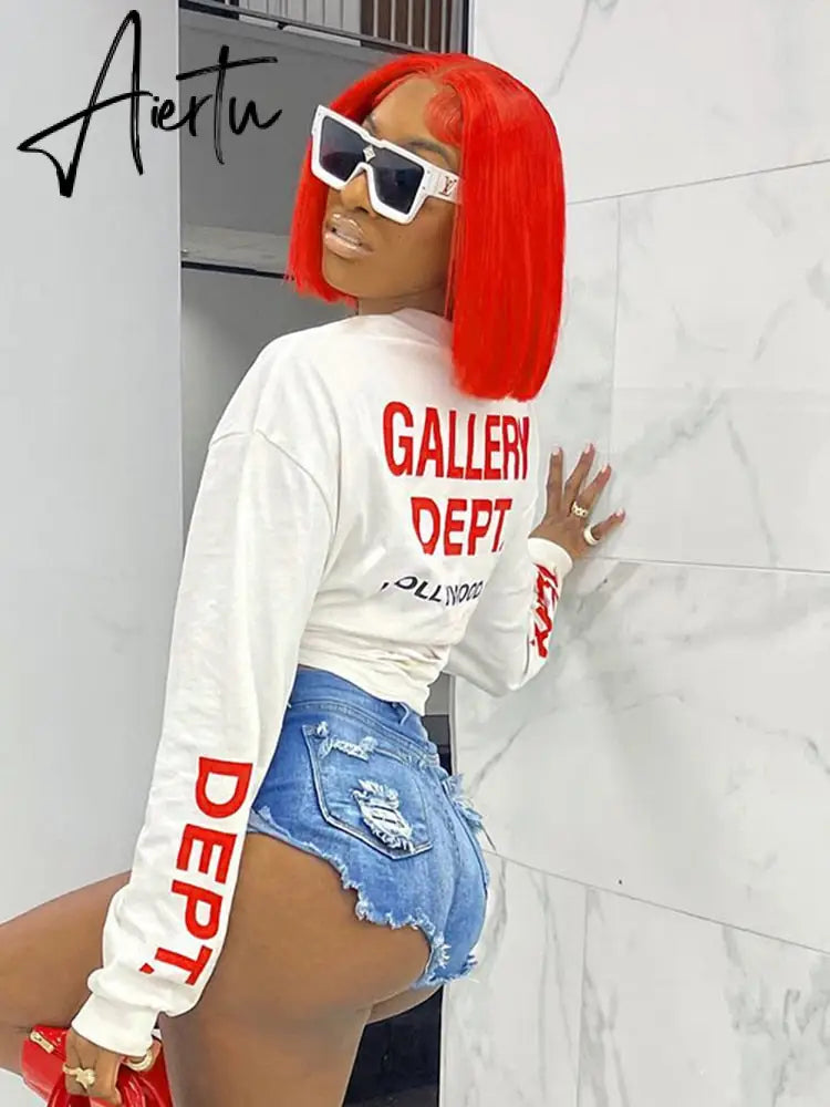 Fall Winter Fashion Streetwear Biker Y2K Grunge Clothes O Neck Long Sleeve Letter Print Oversized Crop Top Tshirt Aiertu