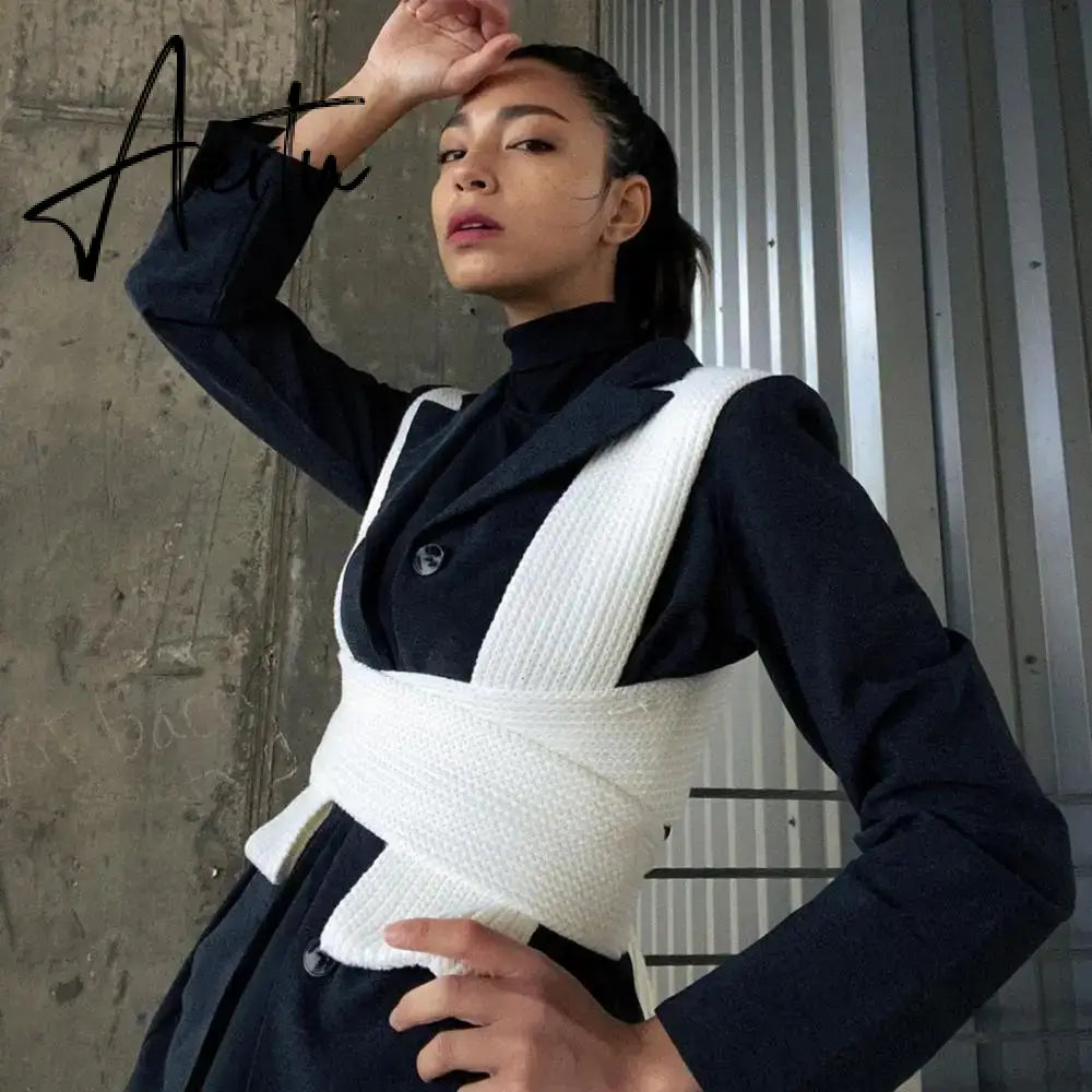 Fall Winter Knitted Crop Tops Sweaters Sleeveless Pullover Female Bandage Sweater Solid Chic Fashion Top Women Aiertu