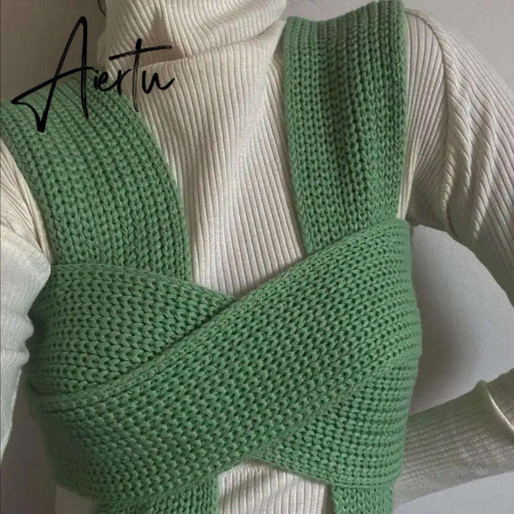 Fall Winter Knitted Crop Tops Sweaters Sleeveless Pullover Female Bandage Sweater Solid Chic Fashion Top Women Aiertu