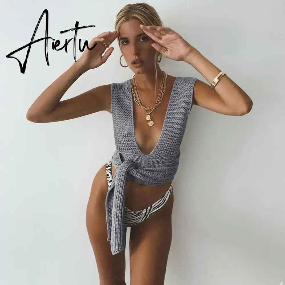 Fall Winter Knitted Crop Tops Sweaters Sleeveless Pullover Female Bandage Sweater Solid Chic Fashion Top Women Aiertu