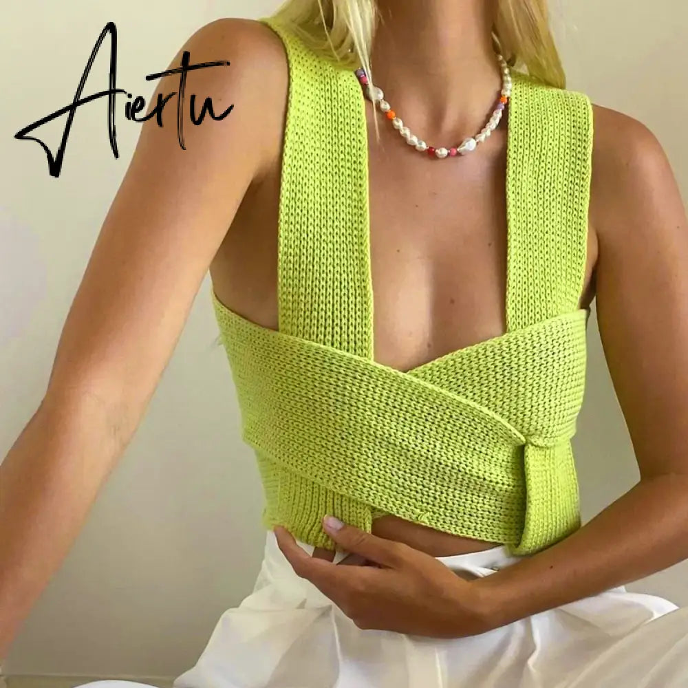 Fall Winter Knitted Crop Tops Sweaters Sleeveless Pullover Female Bandage Sweater Solid Chic Fashion Top Women Aiertu