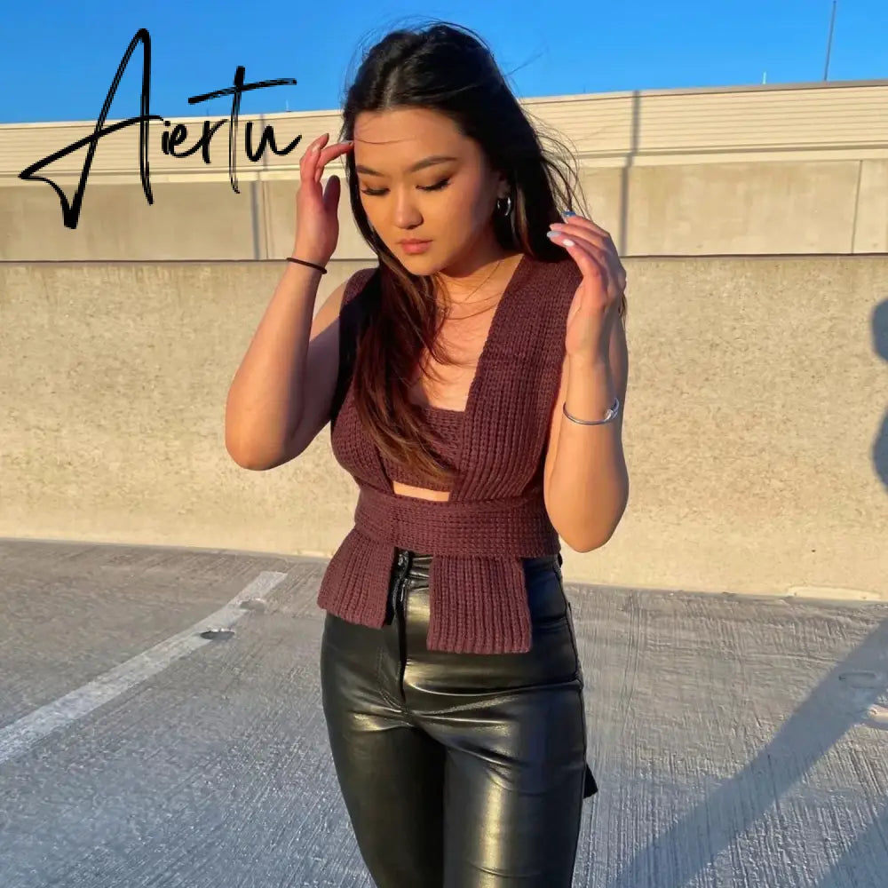 Fall Winter Knitted Crop Tops Sweaters Sleeveless Pullover Female Bandage Sweater Solid Chic Fashion Top Women Aiertu