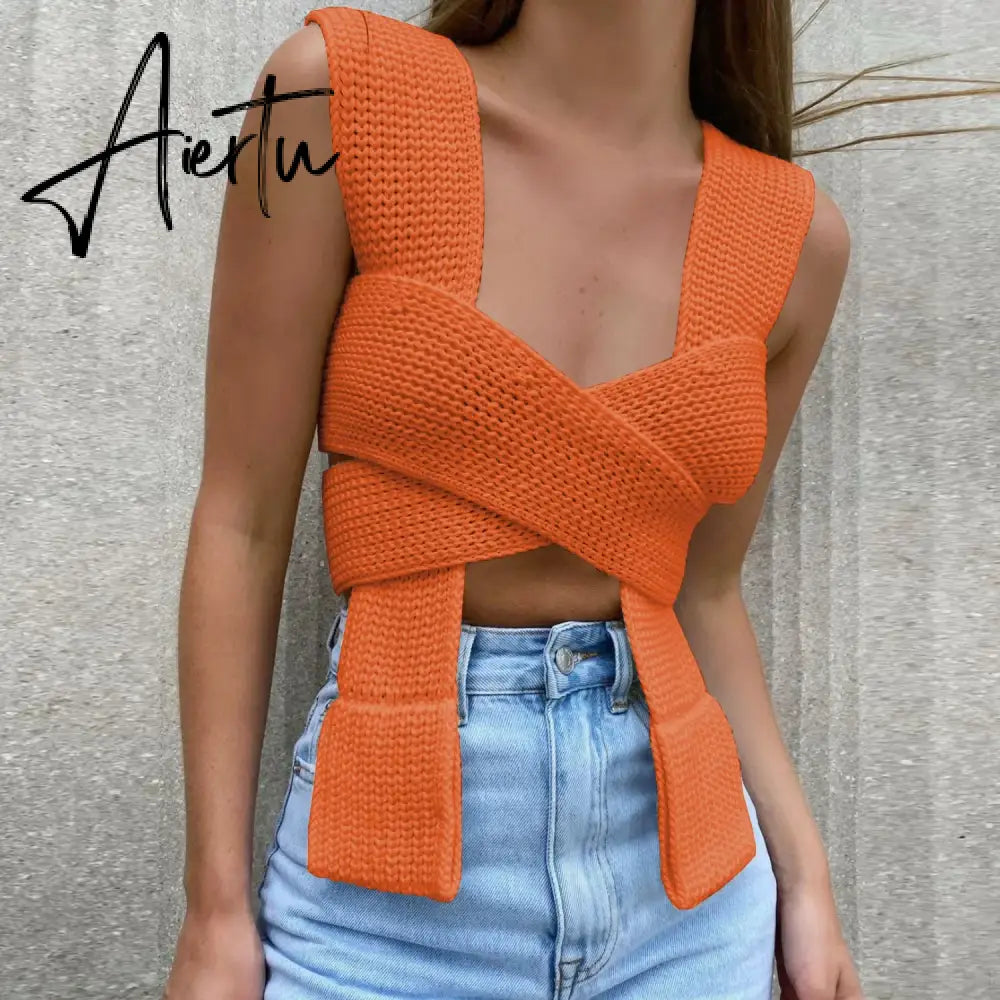 Fall Winter Knitted Crop Tops Sweaters Sleeveless Pullover Female Bandage Sweater Solid Chic Fashion Top Women Aiertu