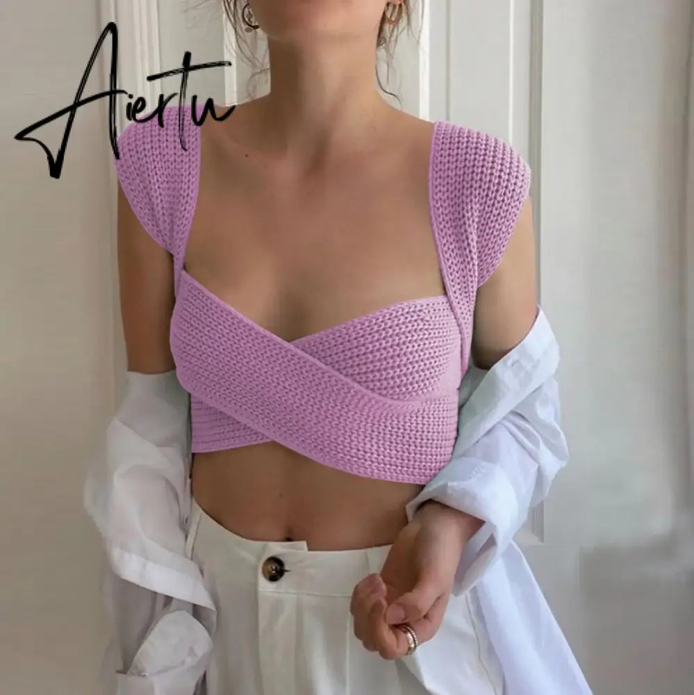 Fall Winter Knitted Crop Tops Sweaters Sleeveless Pullover Female Bandage Sweater Solid Chic Fashion Top Women Aiertu