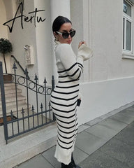 Fall Winter Long Sleeve Knitted Sweaters Dress for Women Elegant Outfits Deep V Neck Maxi Dresses Jersey Clothes Aiertu