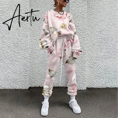 Fall Winter Tracksuits Women Two Piece Set Floral Print Sport Outfits Casual Sweatshirt+Pants Women Sweat Suit Lady Girls Aiertu