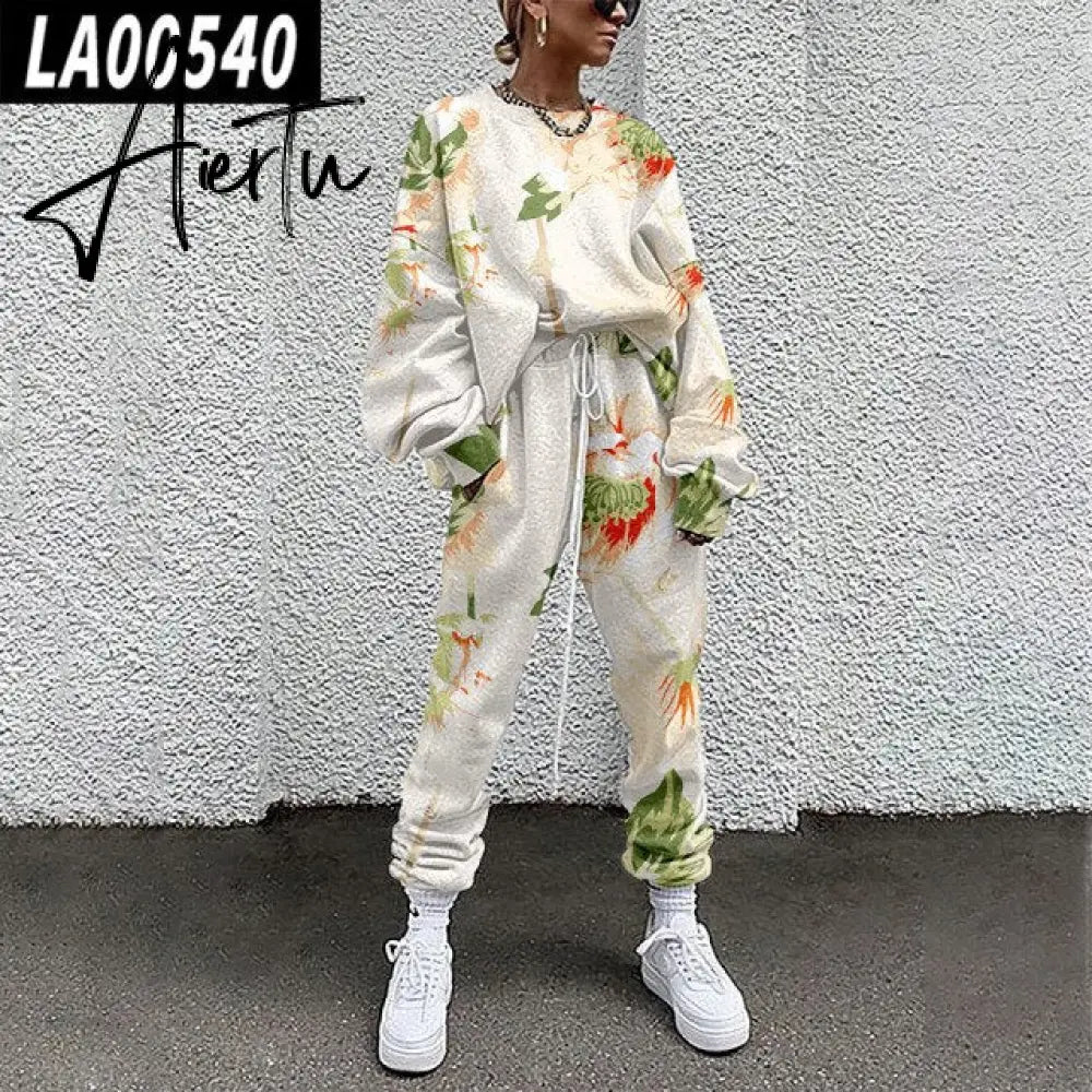 Fall Winter Tracksuits Women Two Piece Set Floral Print Sport Outfits Casual Sweatshirt+Pants Women Sweat Suit Lady Girls Aiertu