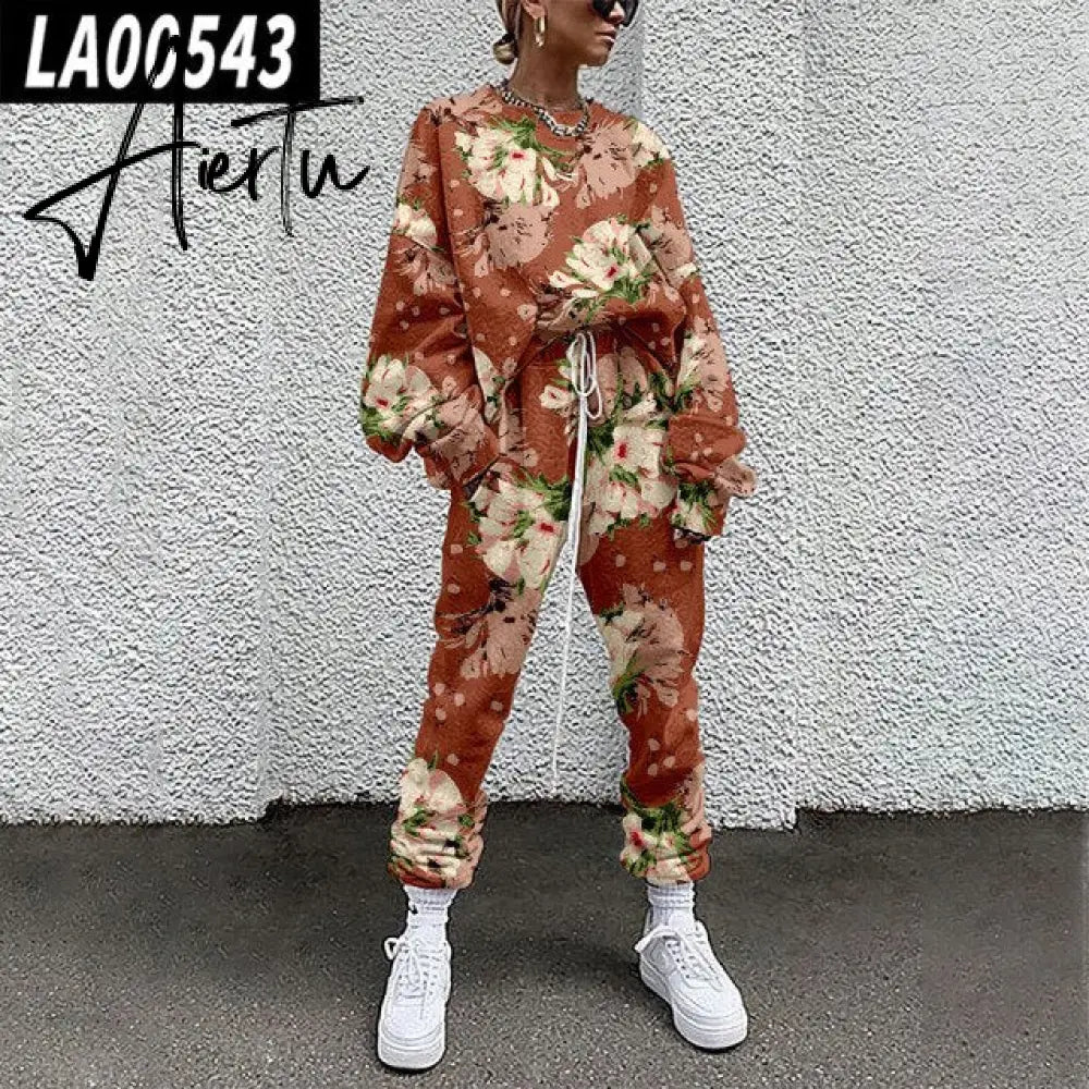 Fall Winter Tracksuits Women Two Piece Set Floral Print Sport Outfits Casual Sweatshirt+Pants Women Sweat Suit Lady Girls Aiertu