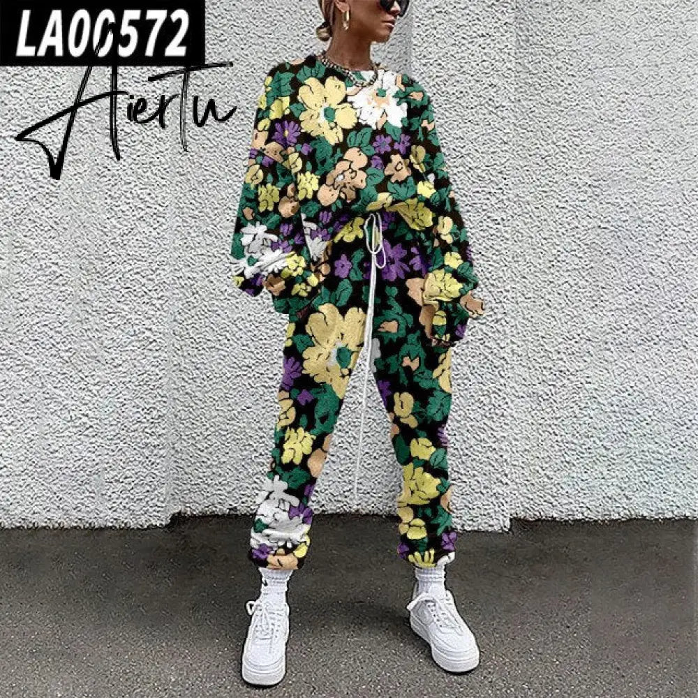 Fall Winter Tracksuits Women Two Piece Set Floral Print Sport Outfits Casual Sweatshirt+Pants Women Sweat Suit Lady Girls Aiertu