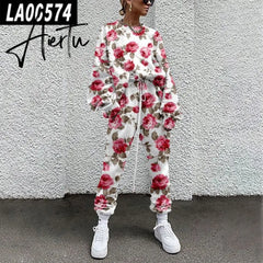 Fall Winter Tracksuits Women Two Piece Set Floral Print Sport Outfits Casual Sweatshirt+Pants Women Sweat Suit Lady Girls Aiertu