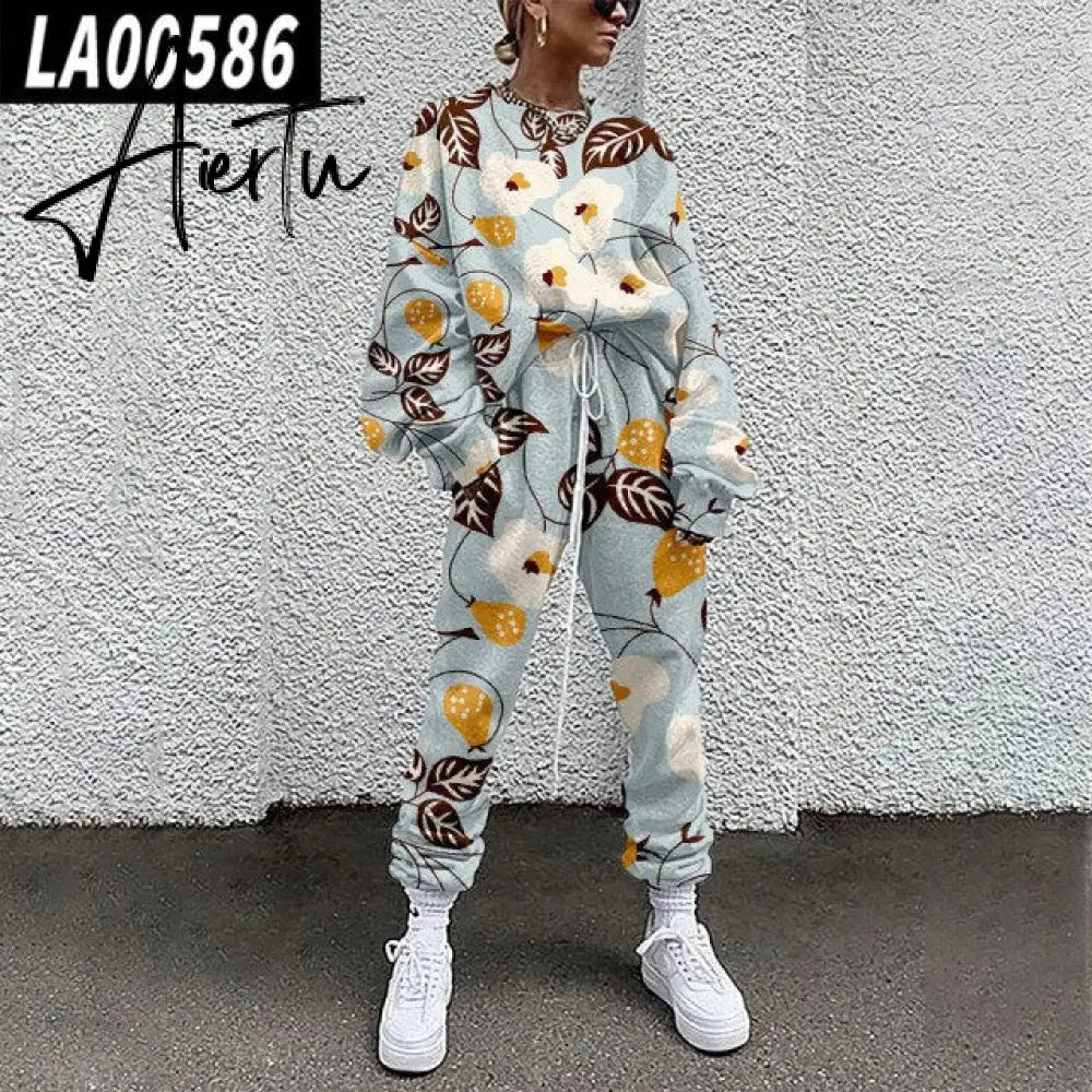 Fall Winter Tracksuits Women Two Piece Set Floral Print Sport Outfits Casual Sweatshirt+Pants Women Sweat Suit Lady Girls Aiertu