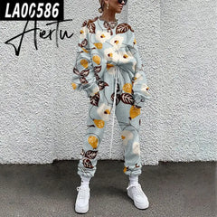 Fall Winter Tracksuits Women Two Piece Set Floral Print Sport Outfits Casual Sweatshirt+Pants Women Sweat Suit Lady Girls Aiertu