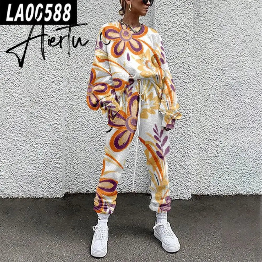 Fall Winter Tracksuits Women Two Piece Set Floral Print Sport Outfits Casual Sweatshirt+Pants Women Sweat Suit Lady Girls Aiertu